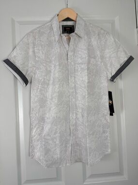 Lee Men's White Silver Short-Sleeve 100% Cotton Hawaaian Print Camp Shirt